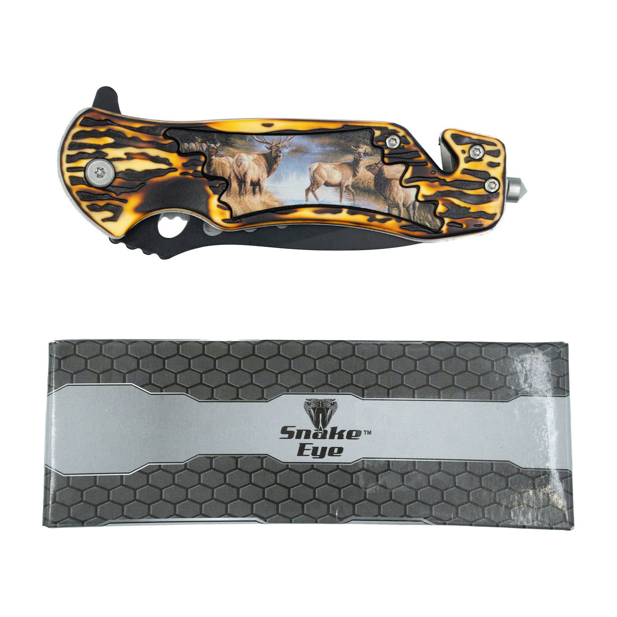 SHOWMAN NAVAJA TACTICA DE 8.5" CON RESORTE ROMPEVIDRIOS Y MANGO DE ASTA DE CIERVO