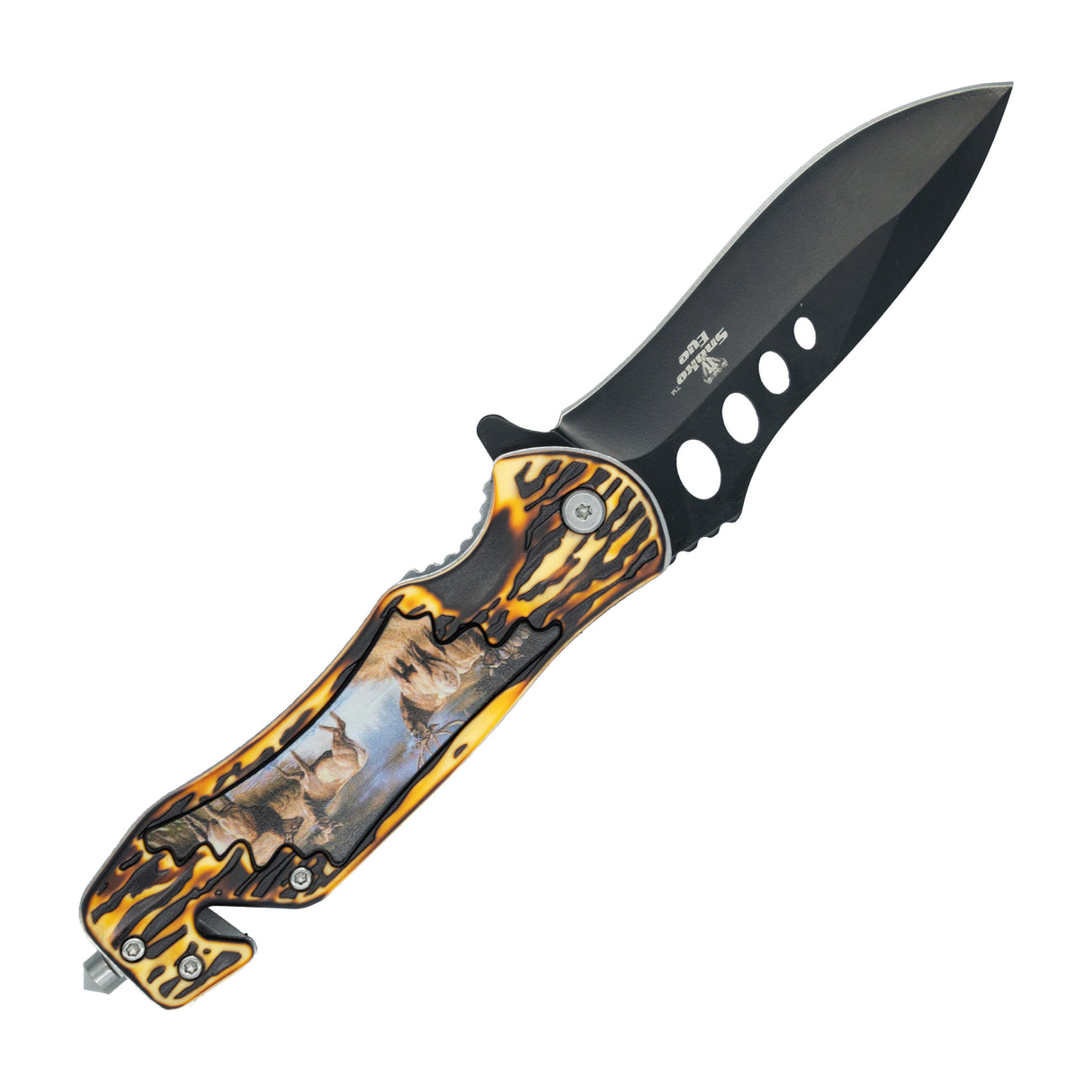 SHOWMAN NAVAJA TACTICA DE 8.5" CON RESORTE ROMPEVIDRIOS Y MANGO DE ASTA DE CIERVO