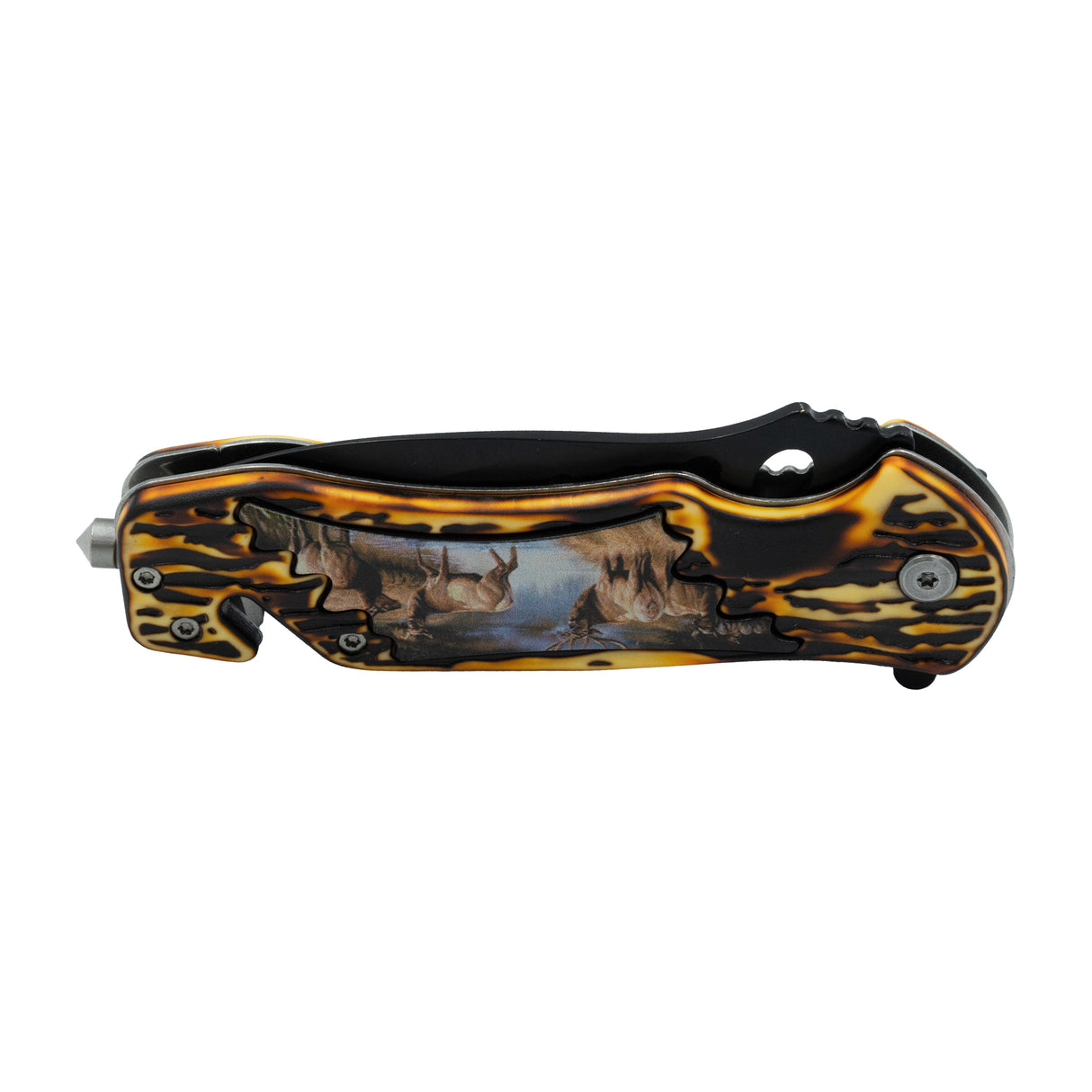 SHOWMAN NAVAJA TACTICA DE 8.5" CON RESORTE ROMPEVIDRIOS Y MANGO DE ASTA DE CIERVO