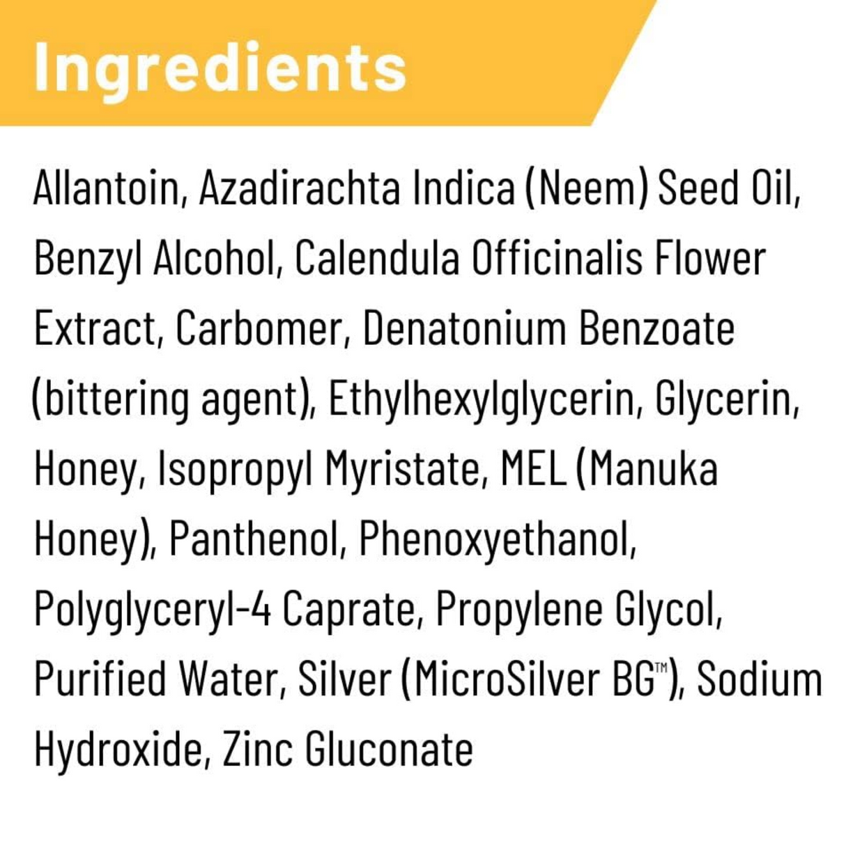 Panel de ingredientes del Silver Honey Rapid Wound Repair Spray Gel de Absorbine