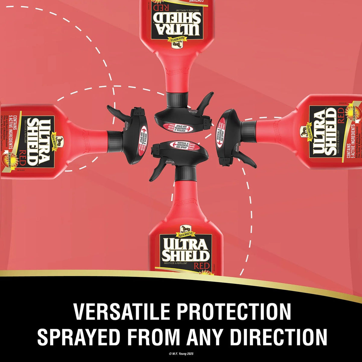 UltraShield Rojo permite rociar desde cualquier ángulo para protección versátil del caballo