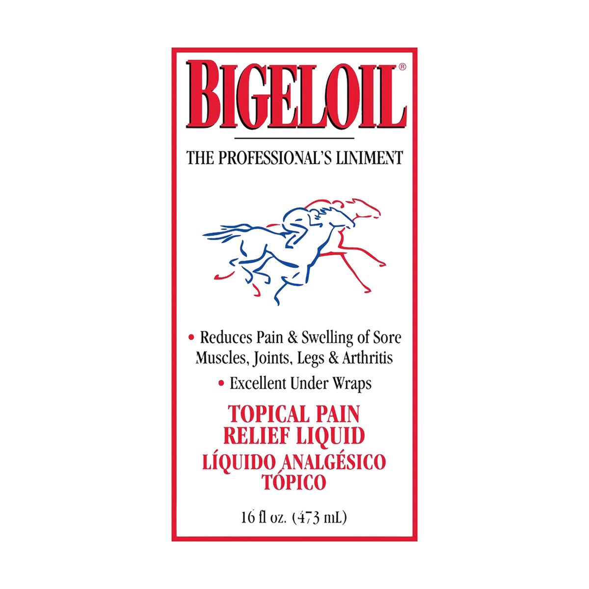 Etiqueta frontal de Bigeloil, analgésico tópico líquido para músculos y articulaciones del caballo