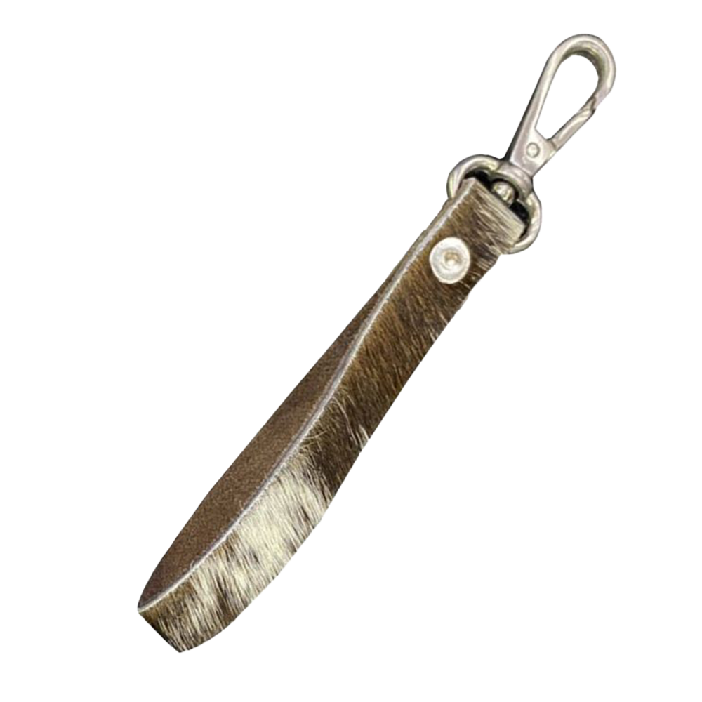 SHOWMAN HAIR ON COWHIDE WRISTLET LOOP (CLIP LLAVERO) (CAFE/BLANCO)