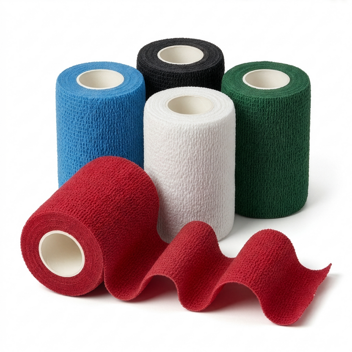 Rollos de venda cohesiva Vetrap de 3M en varios colores apilados