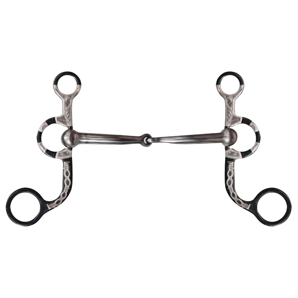SHOWMAN BOCADO ESTILO ARGENTINO DE ACERO NEGRO CON GRABADOS DE PLATA Y ACENTOS DE ALAMBRE DE PÚAS EN LA CARRILLA DE 5.75". BOQUILLA ROTA DE ACERO INOXIDABLE DE 5".