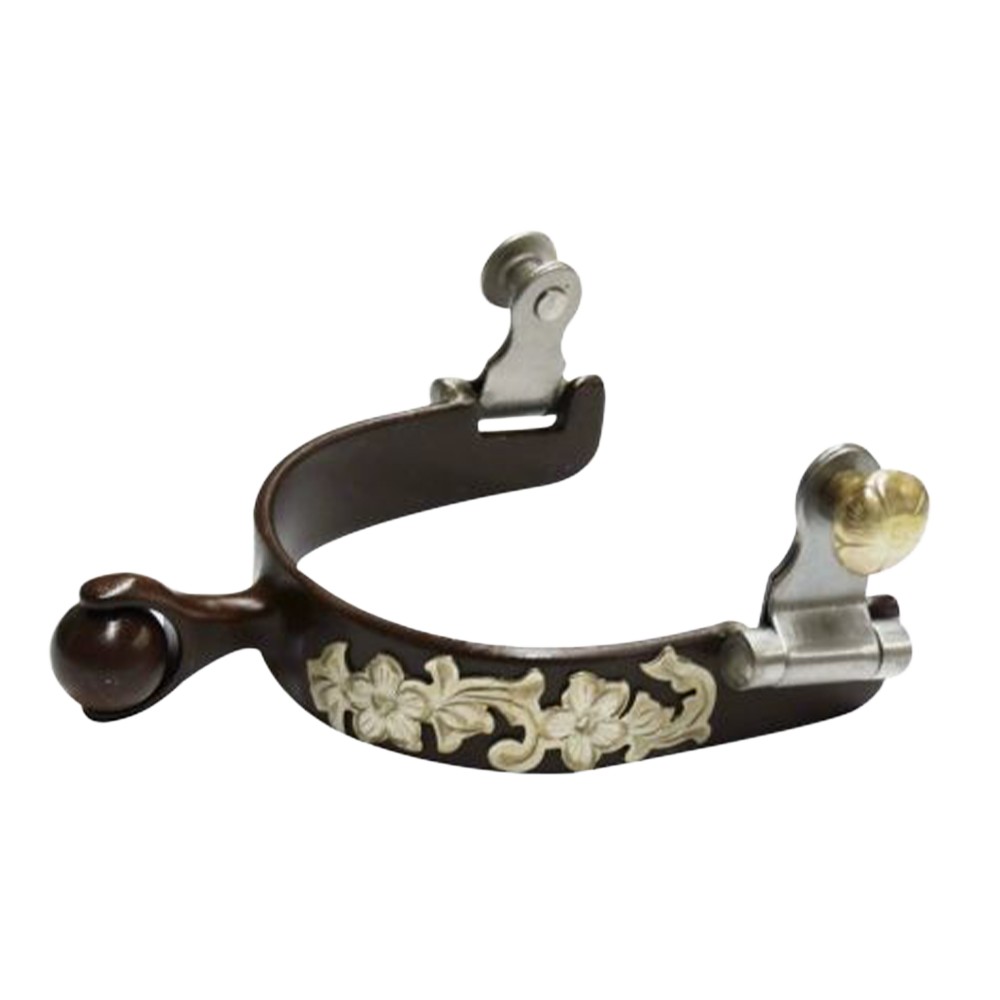 SHOWMAN ESPUELAS DE BOLA DE RODILLO DE ACERO MARRÓN TAMAÑO DE MUJER CON GRABADO EN PLATA