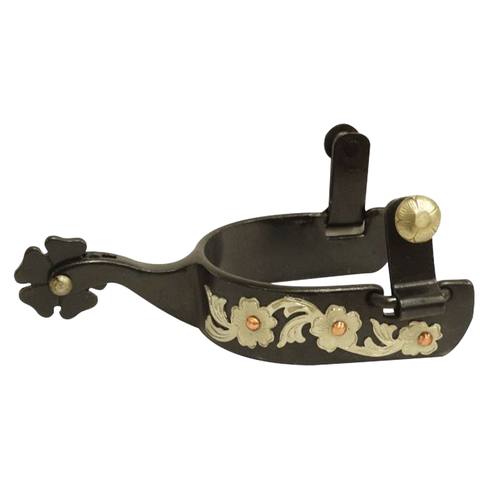 SHOWMAN ESPUELAS DE ACERO NEGRO PARA MUJER CON RECUBRIMIENTO DE PLATA GRABADO Y TACHUELAS DE COBRE