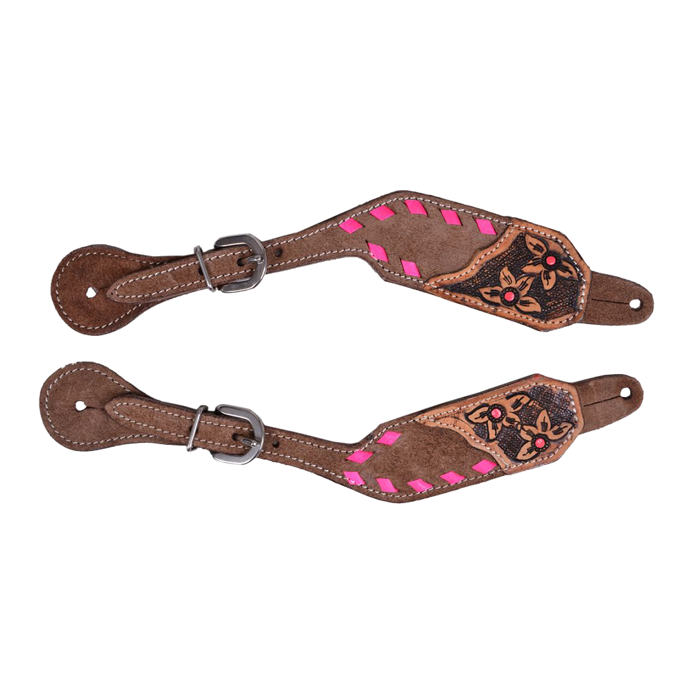 SHOWMAN CORREONES DE ESPUELÓN DE CUERO RUGOSO COLOR CHOCOLATE PARA MUJER CON BORDE DE COSTURA - ROSA