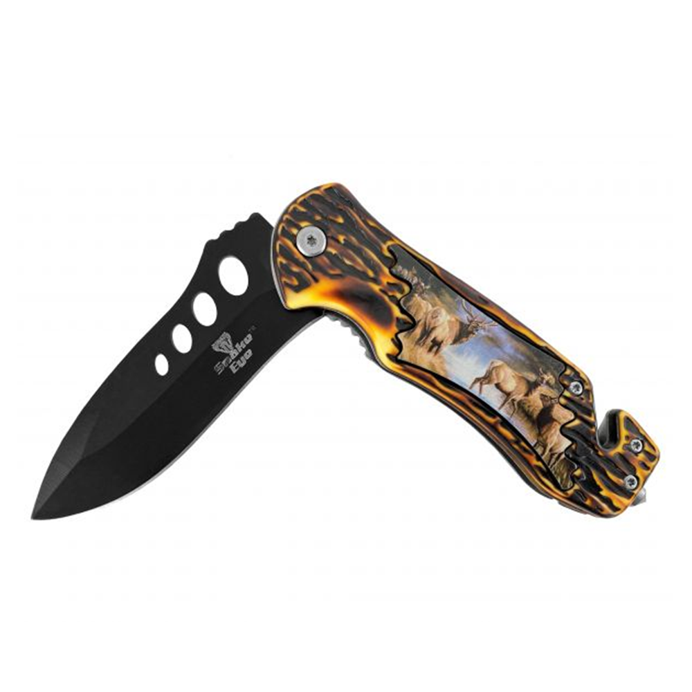 SHOWMAN NAVAJA TACTICA DE 8.5" CON RESORTE ROMPEVIDRIOS Y MANGO DE ASTA DE CIERVO