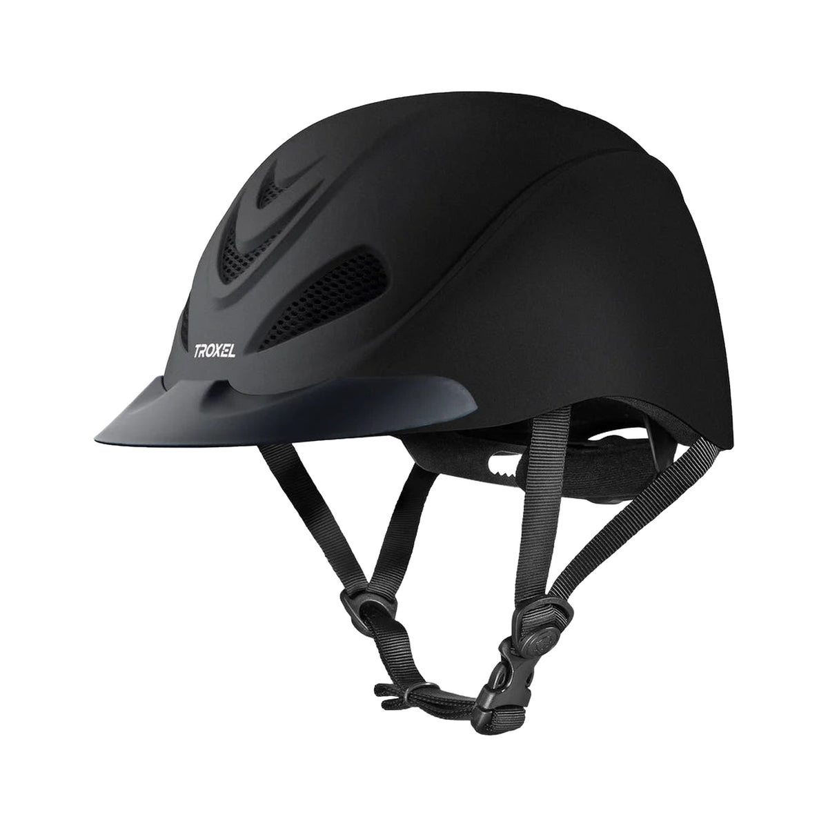Casco de equitación Troxel Liberty negro Duratec, vista lateral con visera y barboquejo