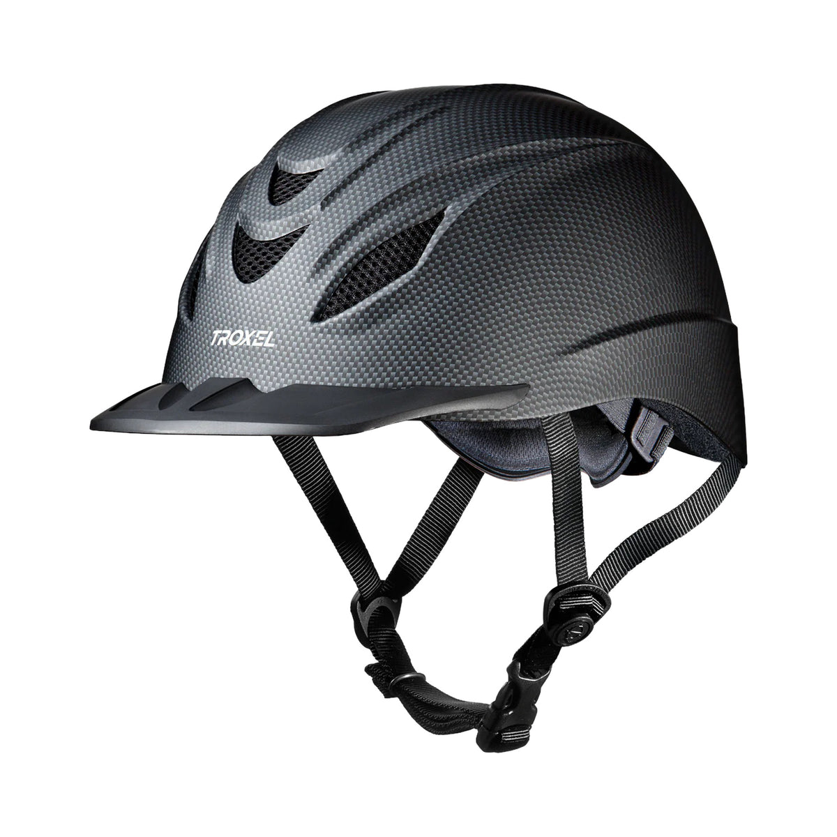Casco de equitación Troxel Intrepid acabado Carbón, vista lateral con barboquejo