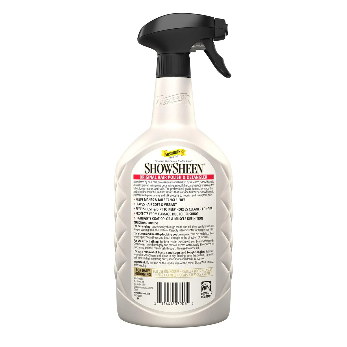 Panel posterior de la etiqueta de ShowSheen Hair Polish and Detangler con modo de empleo