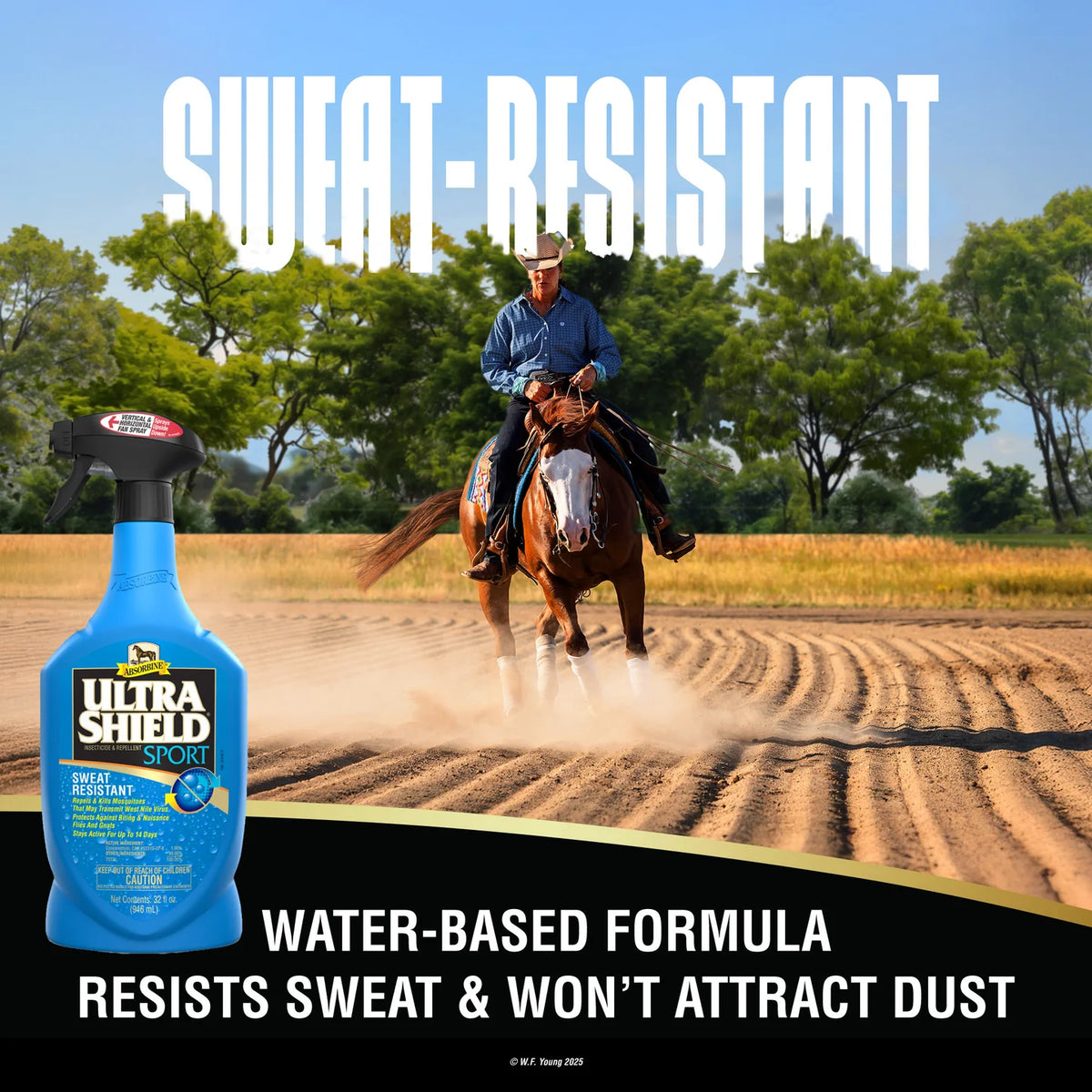 Jinete montando, la fórmula a base de agua de UltraShield Sport resiste el sudor y no atrae polvo