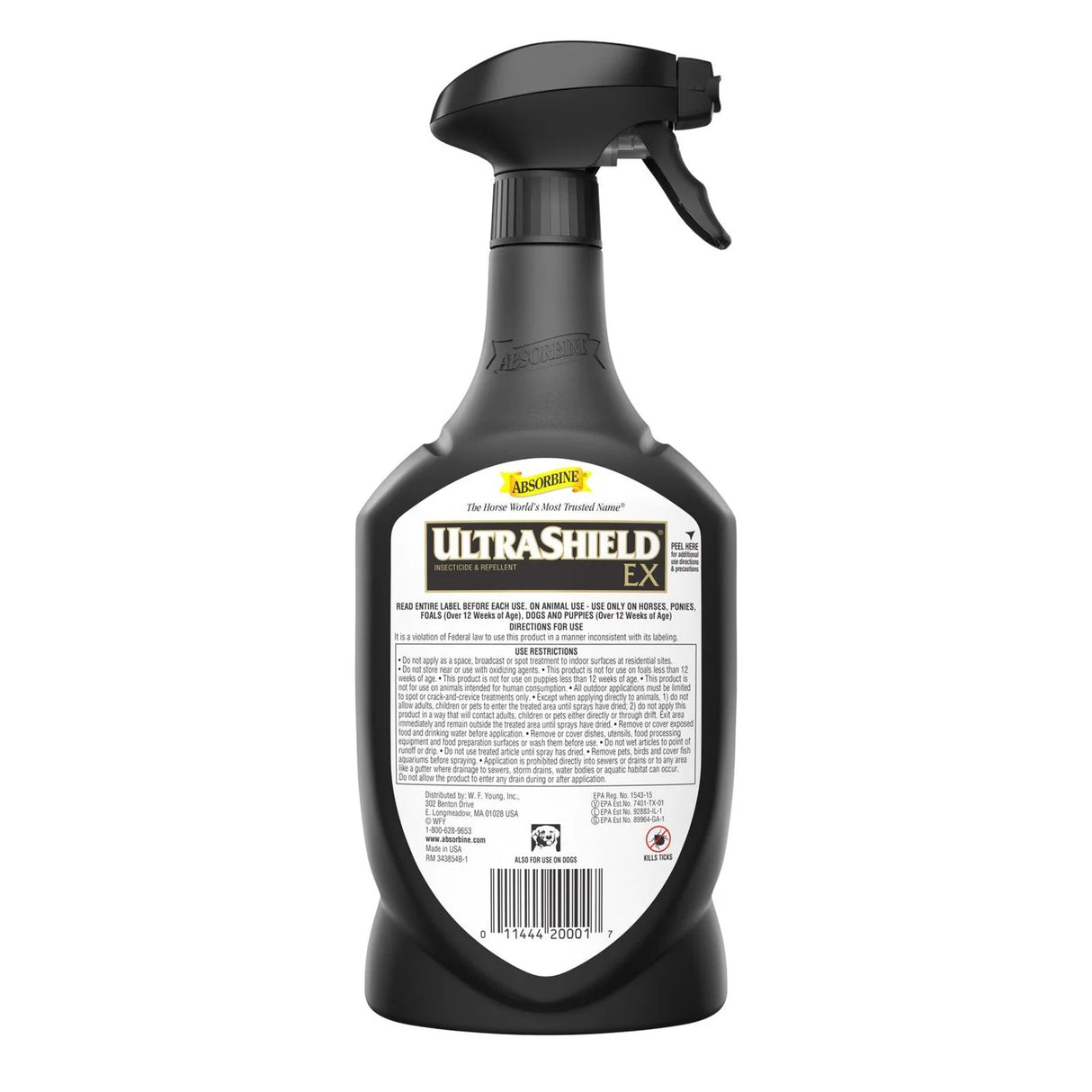 Panel posterior de la etiqueta de UltraShield EX de Absorbine con modo de empleo y precauciones