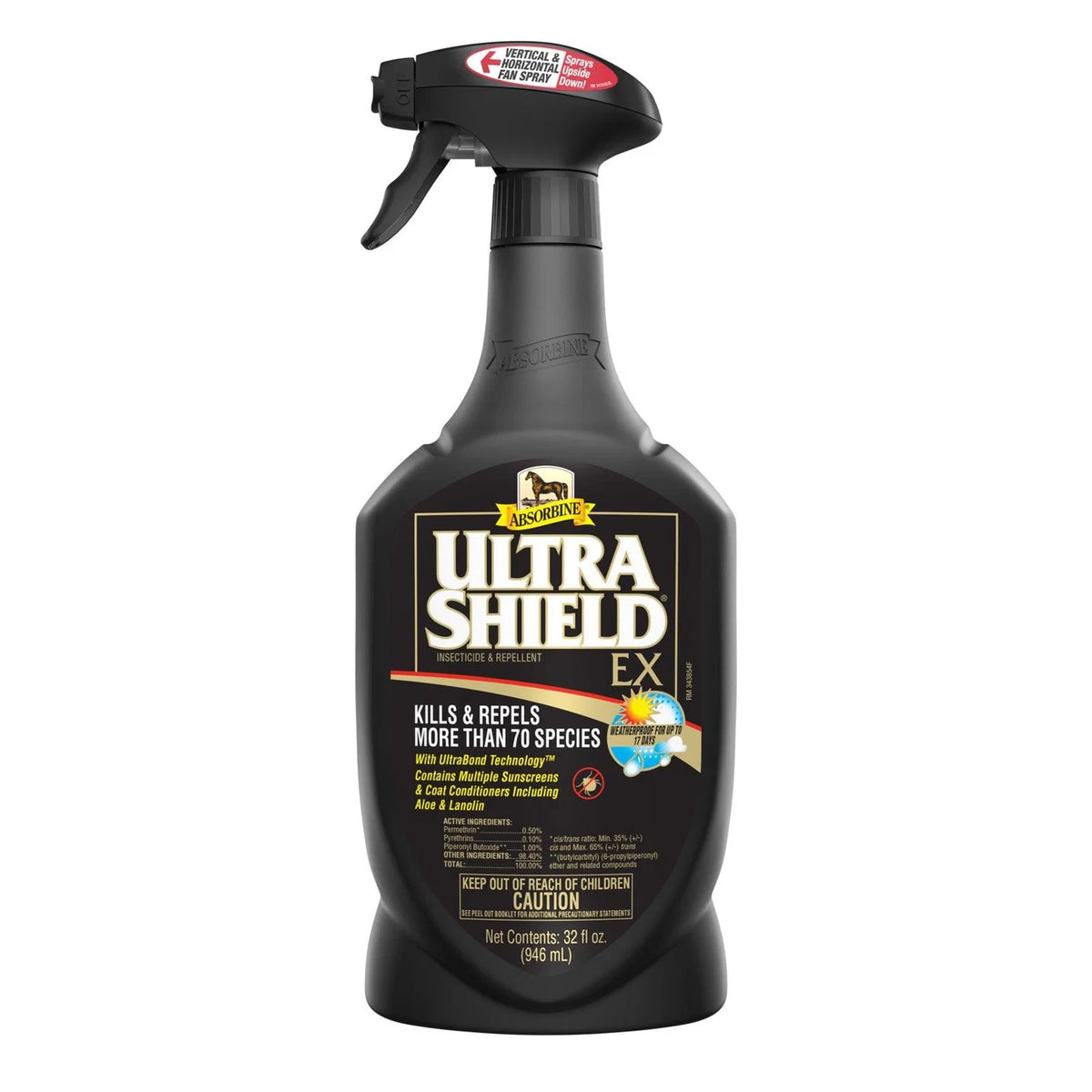 Botella negra con atomizador de UltraShield EX de Absorbine, insecticida y repelente para caballos de 32 onzas