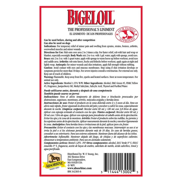 Panel posterior de la etiqueta de Bigeloil Liniment con las cinco modalidades de uso y diluciones