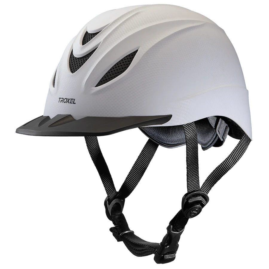 Casco de equitación Troxel Intrepid acabado Carbón Blanco, vista lateral con barboquejo