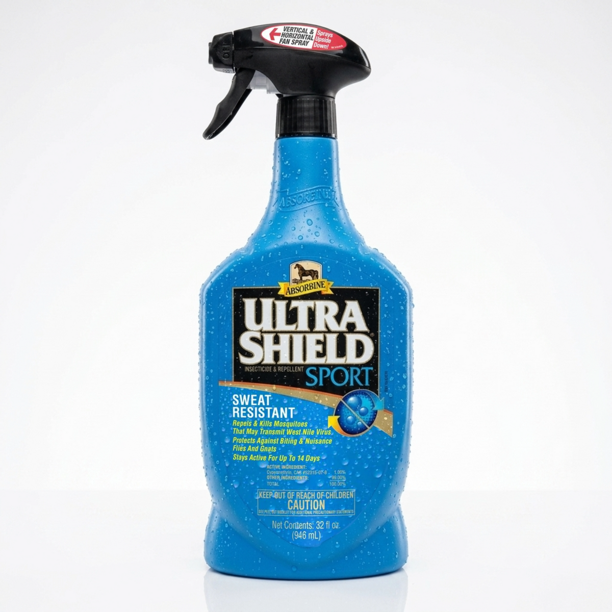 Botella azul con atomizador de UltraShield Sport de Absorbine, repelente resistente al sudor para caballos