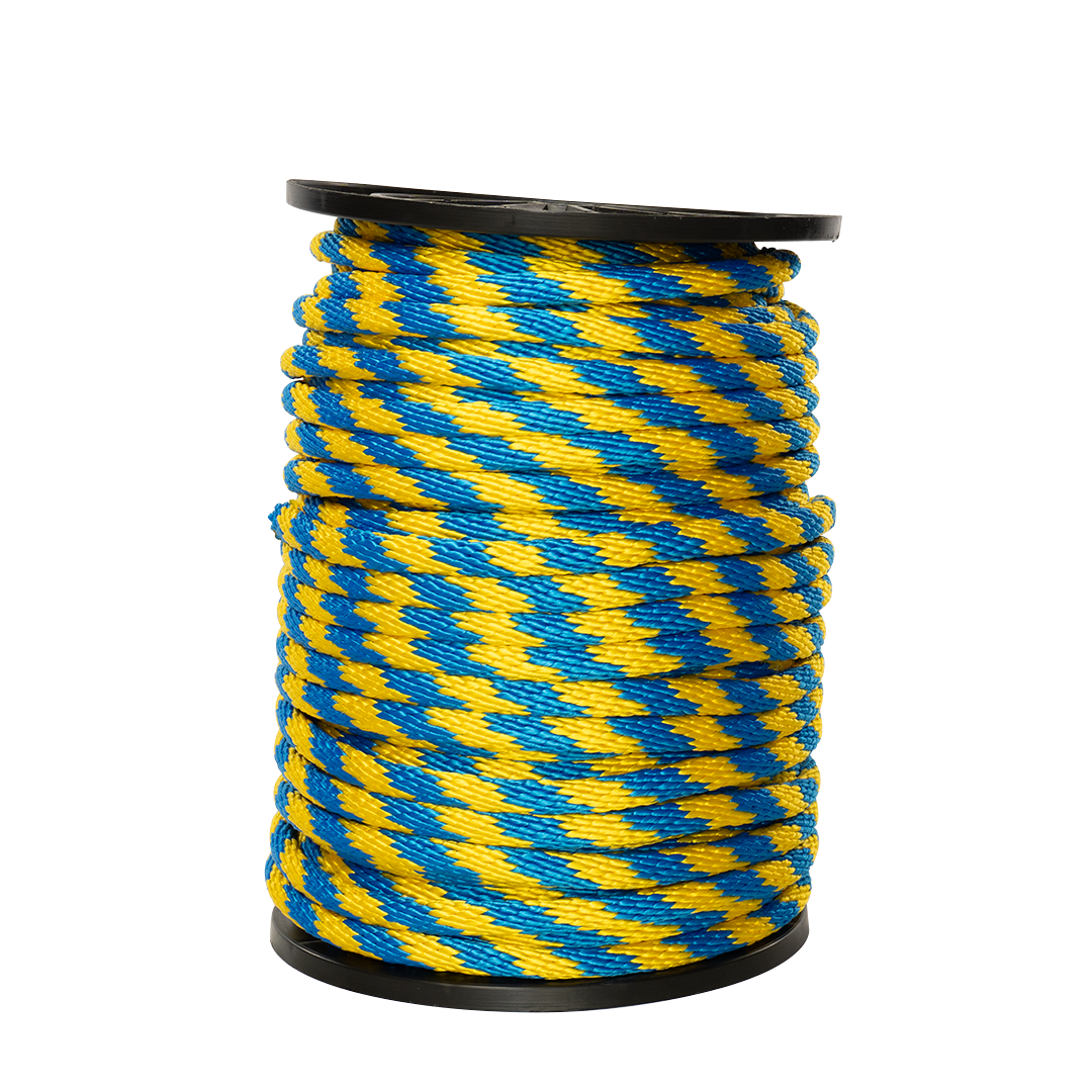 Carrete de 10 kg de cuerda Derby ST 5/8" Conatex color amarillo con azul rey