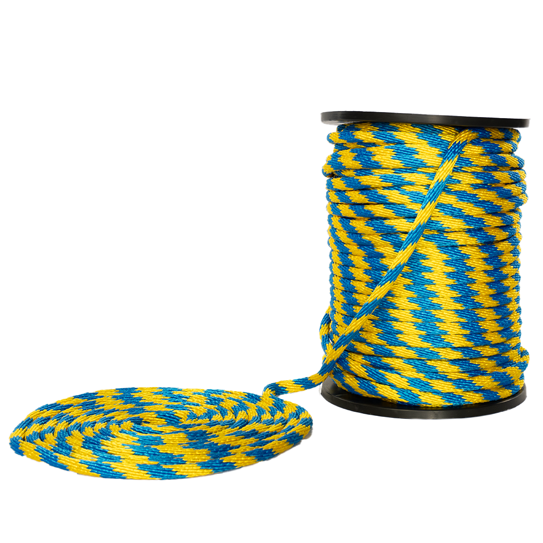 Carrete de 10 kg y rollo de cuerda Derby ST 5/8" Conatex color amarillo con azul rey