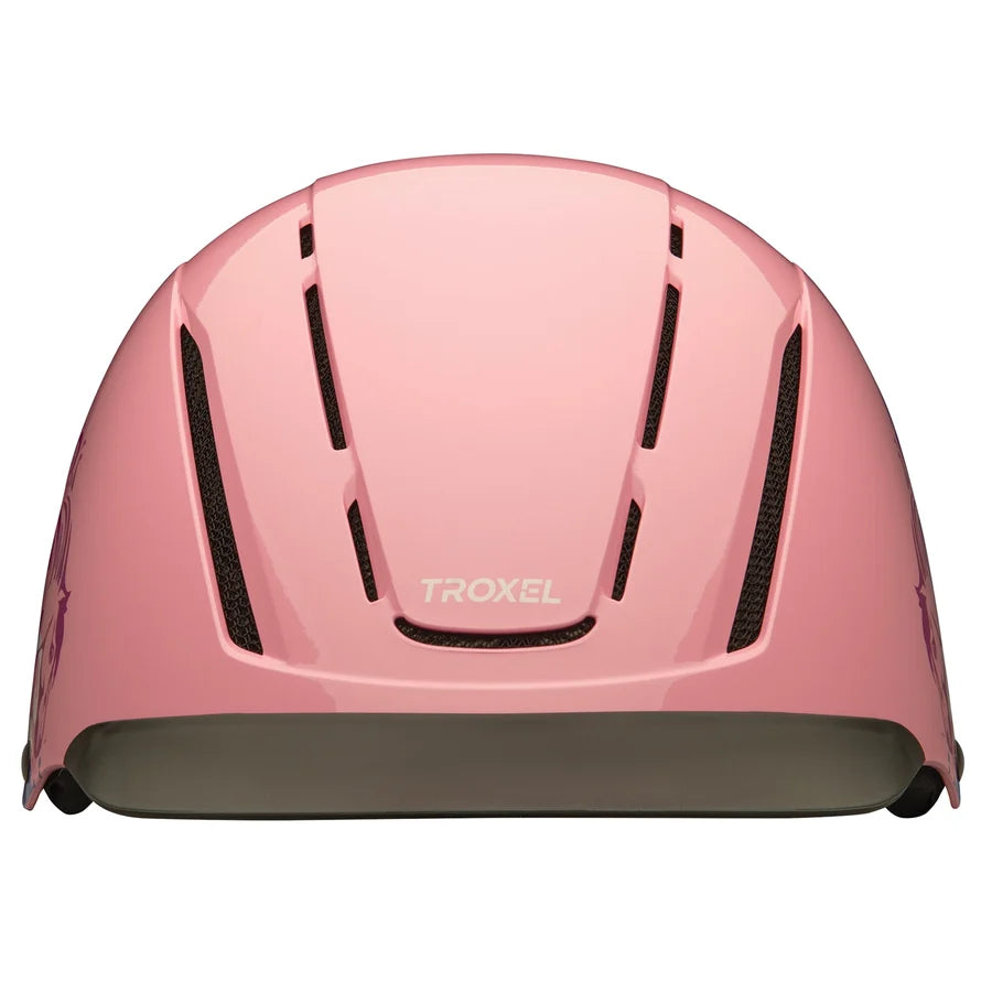 Casco de equitación Troxel Spirit Skydream rosa, vista frontal superior con las ventilas