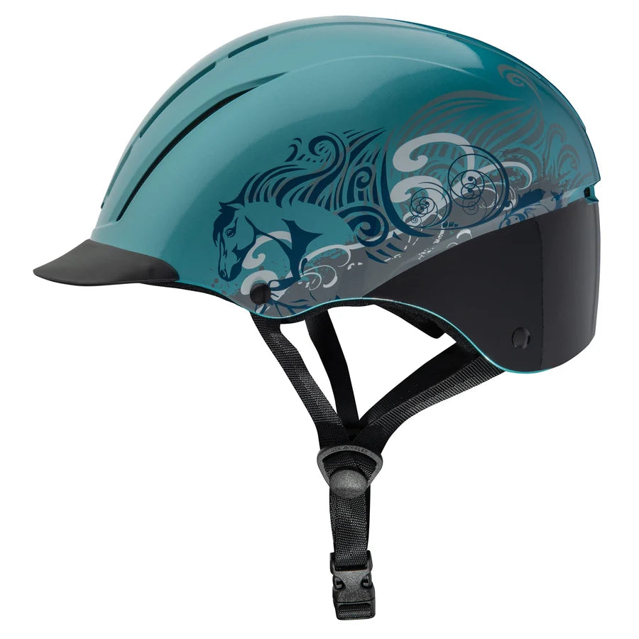 Casco de equitación Troxel Spirit Skydream celeste, vista lateral con barboquejo