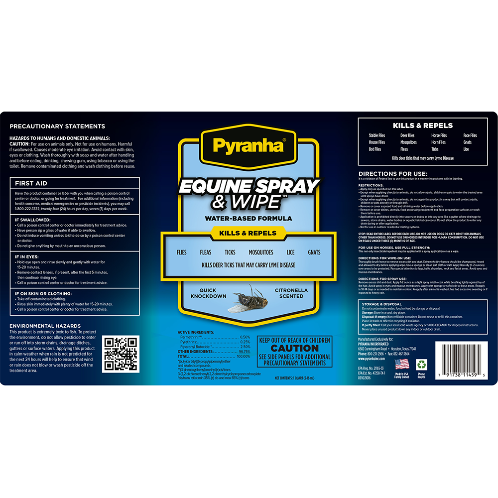 PYRANHA EQUINE SPRAY & WIPE INSECTICIDA Y REPELENTE A BASE DE AGUA 15 OZ