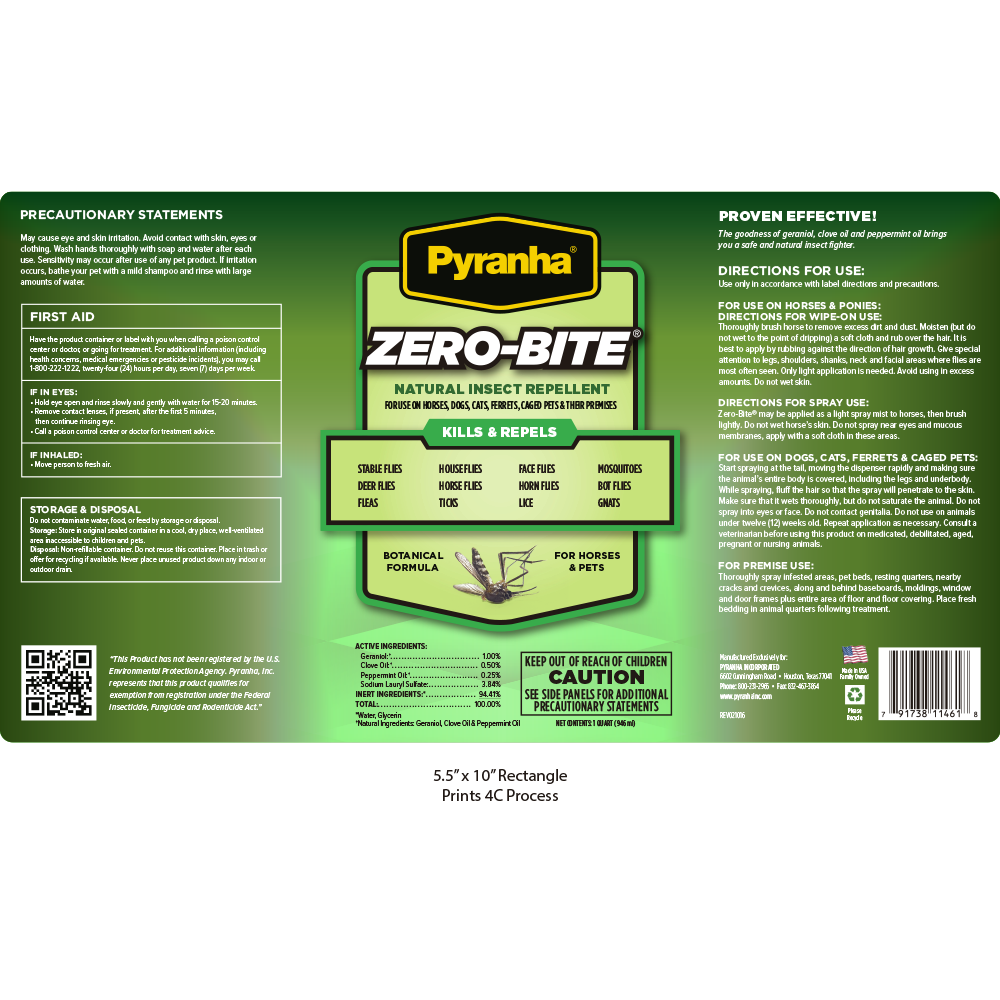 PYRANHA ZERO-BITE SPRAY INSECTICIDA NATURAL 32 OZ