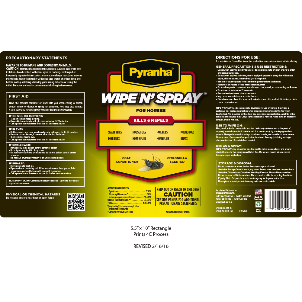 PYRANHA WIPE N' SPRAY INSECTICIDA PARA CABALLOS DE APLICACION DIRECTA 32 OZ