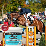 Caballo de salto en competencia junto a los botes de Magic Cushion y sus reconocimientos