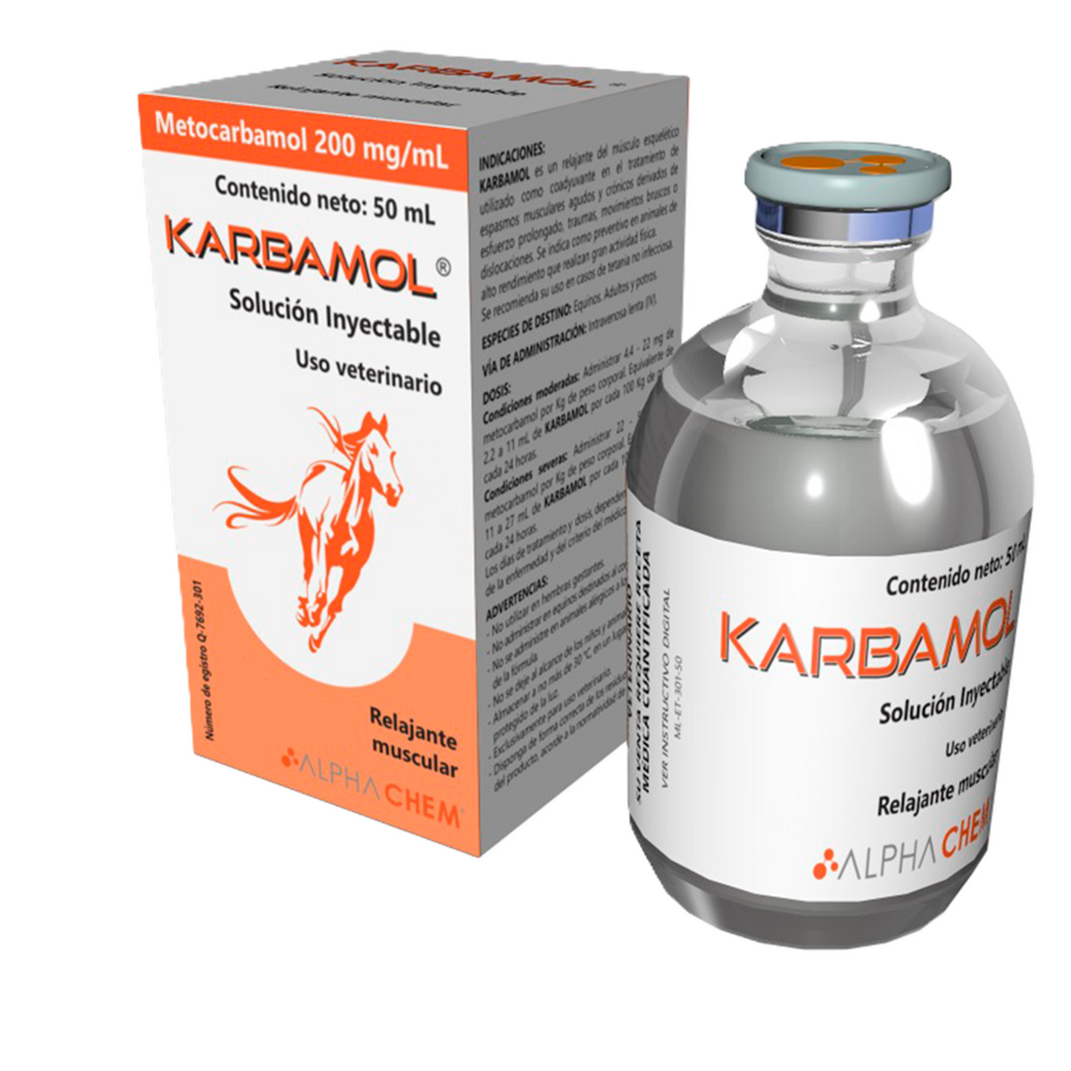 Frasco de Karbamol metocarbamol 200 mg/mL solución inyectable de 50 mL, relajante muscular para equinos, Alpha Chem