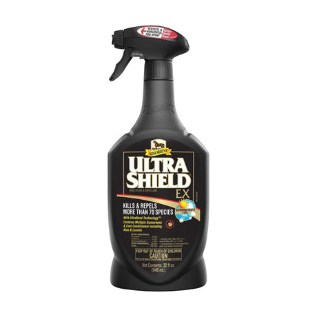 Botella negra con atomizador de UltraShield EX de Absorbine, insecticida y repelente para caballos de 32 onzas