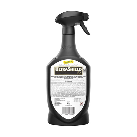 Panel posterior de la etiqueta de UltraShield EX de Absorbine con modo de empleo y precauciones