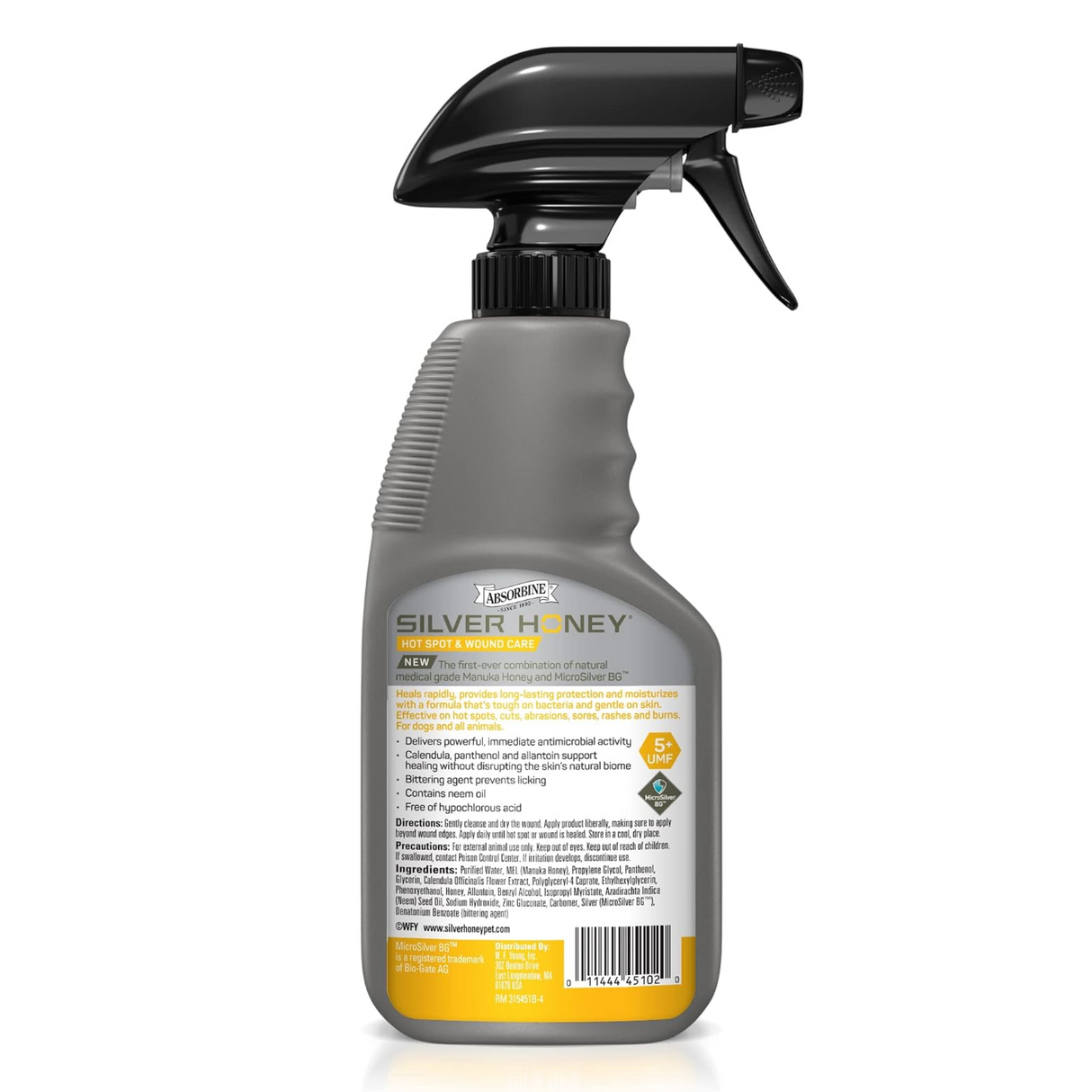 Envase del spray gel Silver Honey visto desde otro ángulo, con la etiqueta amarilla de la marca