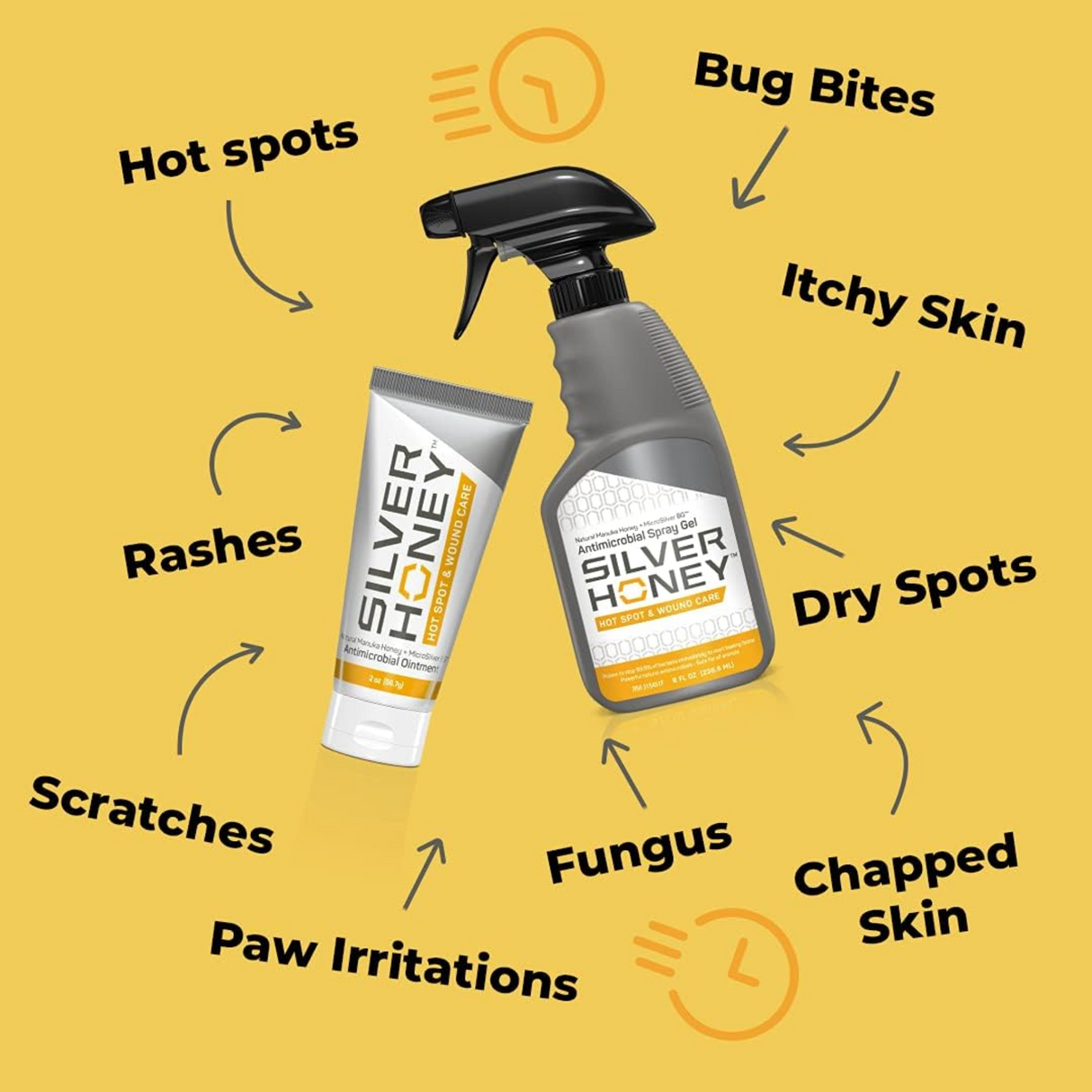 Afecciones que trata Silver Honey Spray Gel: puntos calientes, picaduras, comezón, resequedad, dermatitis, hongos y piel agrietada