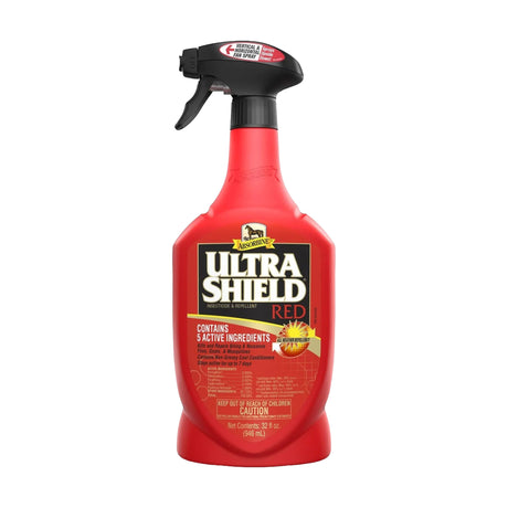 Botella roja con atomizador de UltraShield Rojo de Absorbine, insecticida y repelente para caballos
