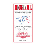 Etiqueta frontal de Bigeloil, analgésico tópico líquido para músculos y articulaciones del caballo