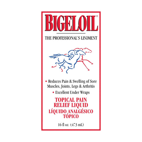 Etiqueta frontal de Bigeloil, analgésico tópico líquido para músculos y articulaciones del caballo
