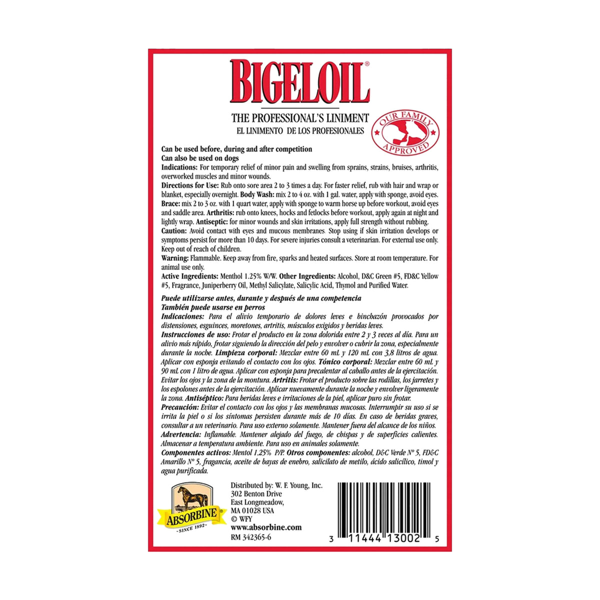 Panel posterior de la etiqueta de Bigeloil Liniment con las cinco modalidades de uso y diluciones