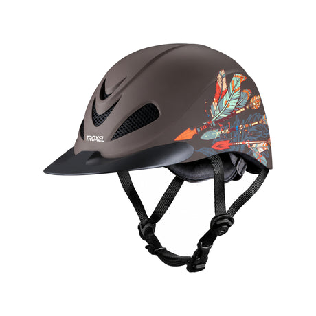 Casco de equitación Troxel Rebel con estampado Arrow, vista lateral con barboquejo