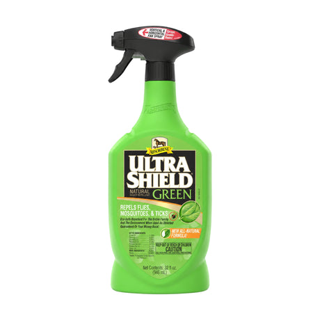 Botella verde con atomizador de UltraShield Green de Absorbine, repelente natural para caballos