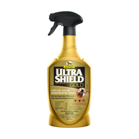 Botella dorada con atomizador de UltraShield Gold de Absorbine, insecticida y repelente para caballos