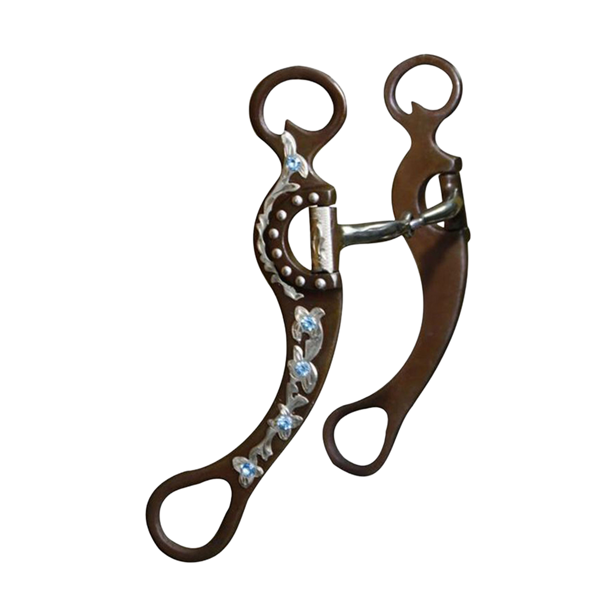 SHOWMAN BOCADO DE ACERO MARRÓN CON DETALLES DE FLOR PLATEADA GRABADA Y ACENTOS DE DIAMANTES EN LAS MEJILLAS DE 8.75". BOCA ROTA DE ACERO INOXIDABLE DE 5"