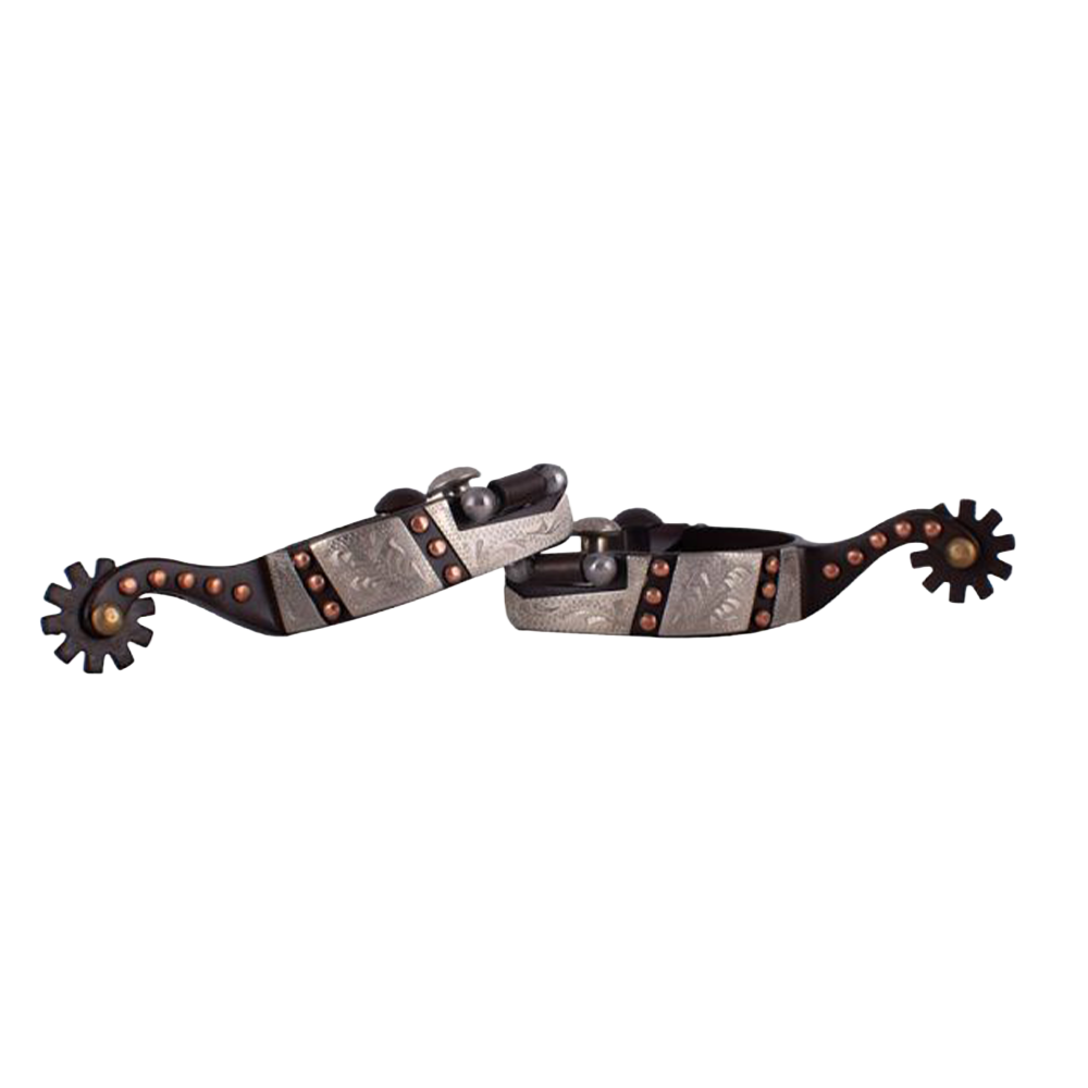 SHOWMAN ESPUELAS DE ACERO MARRÓN DE TALLA JUVENIL CON TACHUELAS DE COBRE CON REVESTIMIENTO GRABADO EN PLATA