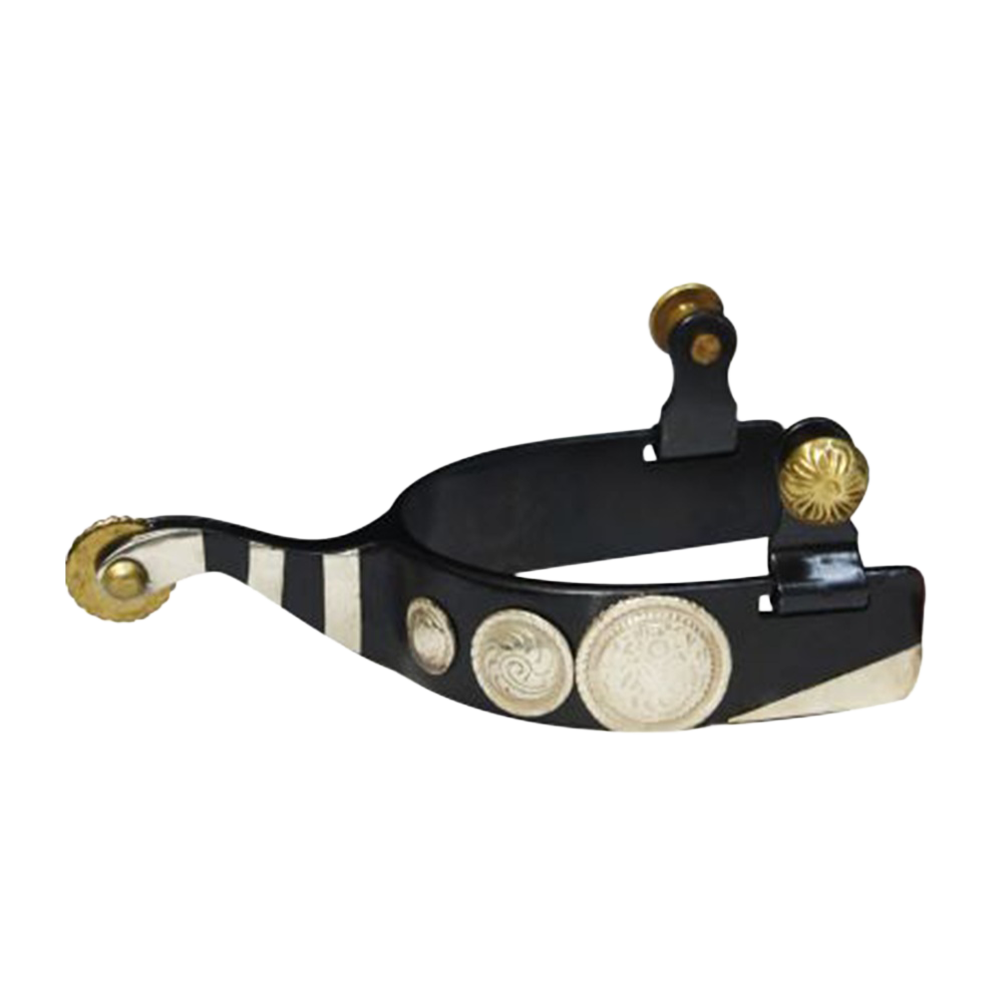 SHOWMAN ESPUELAS DE ACERO NEGRO CON CONCHOS GRABADOS Y ACENTOS DE BARRA DE PLATA