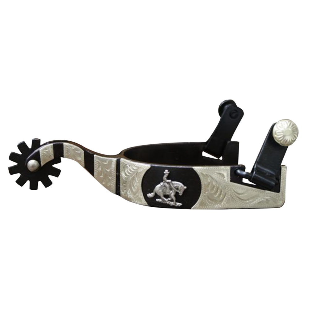 SHOWMAN ESPUELAS DE ACERO NEGRO CON DETALLES EN PLATA GRABADOS Y UN CABALLO DE RIENDA