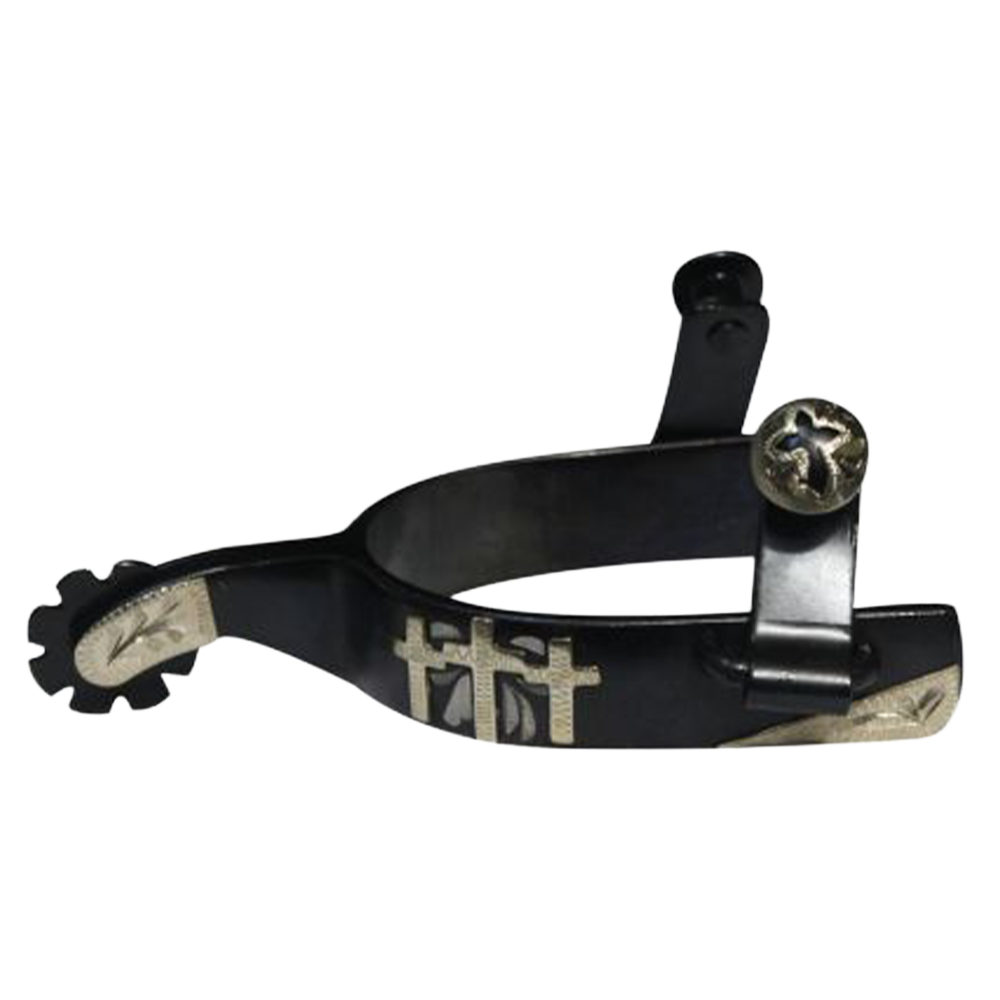 SHOWMAN ESPUELAS DE ACERO NEGRO CON BANDA DE 0.75" Y CAÑA DE 1.75" DETALLES DE "CRUCES" GRABADAS EN PLATA Y ACENTOS DE PLATA