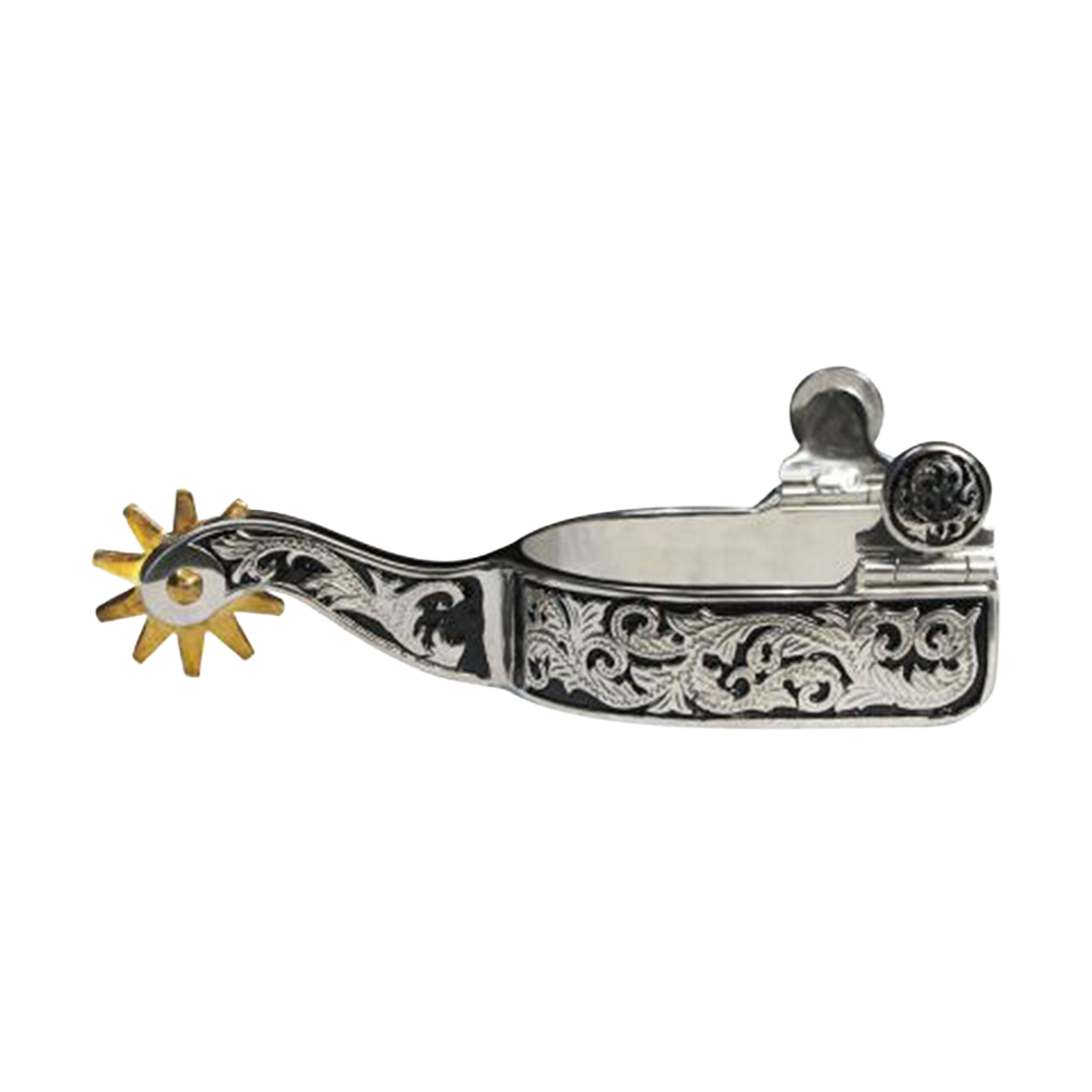 SHOWMAN ESPUELAS DE ACERO INOXIDABLE CON BANDA DE 1" Y VÁSTAGO DE 3" DETALLES GRABADOS EN RUGONES SOBRE INCRUSTACIÓN NEGRA.