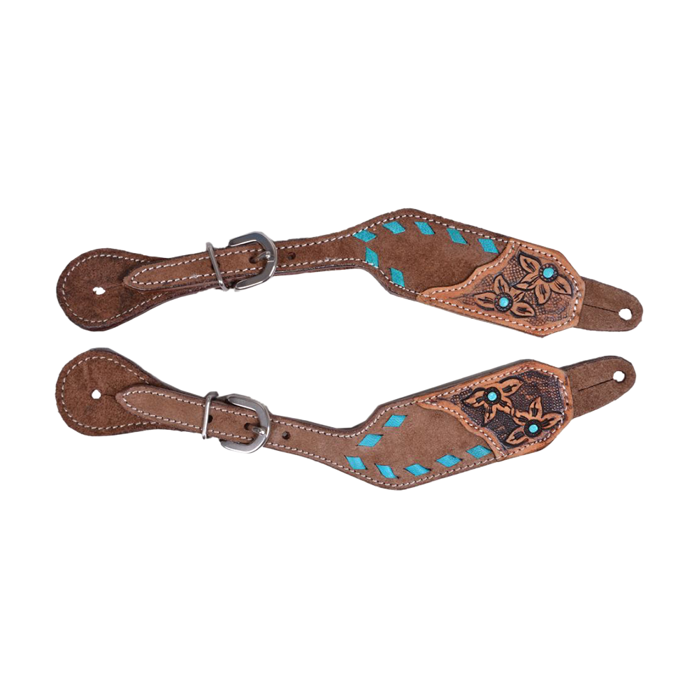 SHOWMAN CORREONES DE ESPUELÓN DE CUERO RUGOSO COLOR CHOCOLATE PARA MUJER CON BORDE DE COSTURA TEAL