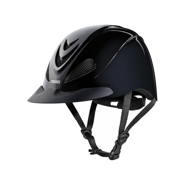 Casco de equitación Troxel Liberty negro liso, vista lateral con barboquejo